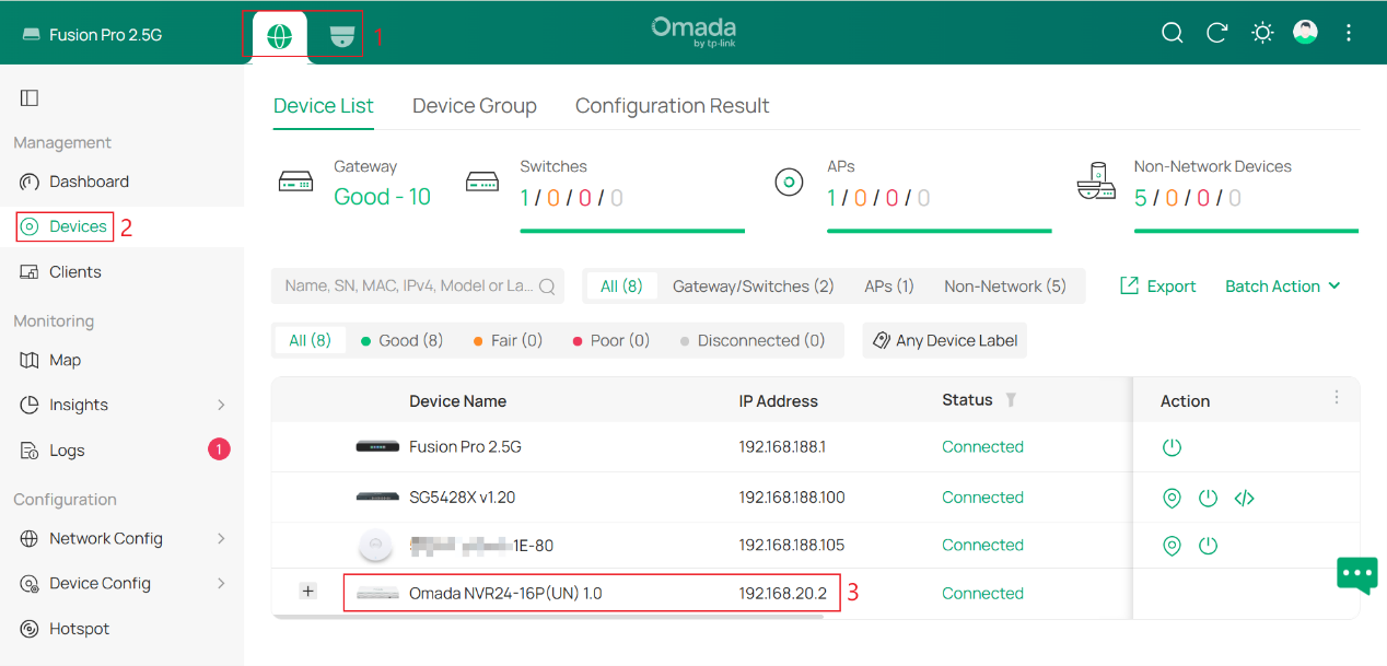 Devices page showing the adopted Omada NVR24-16P device and device management interface.