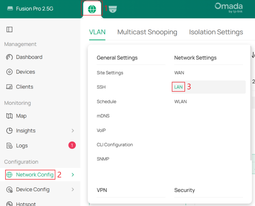 Omada Network menu showing Network Config and LAN.