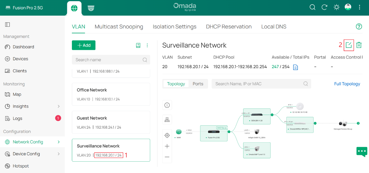 VLAN page showing the selected network, its subnet, and the Edit icon.