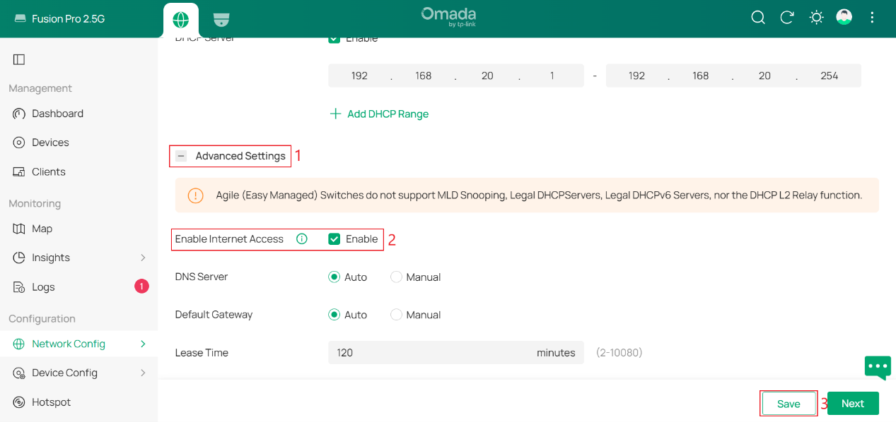 Advanced Settings showing Enable Internet Access enabled and the Save button.