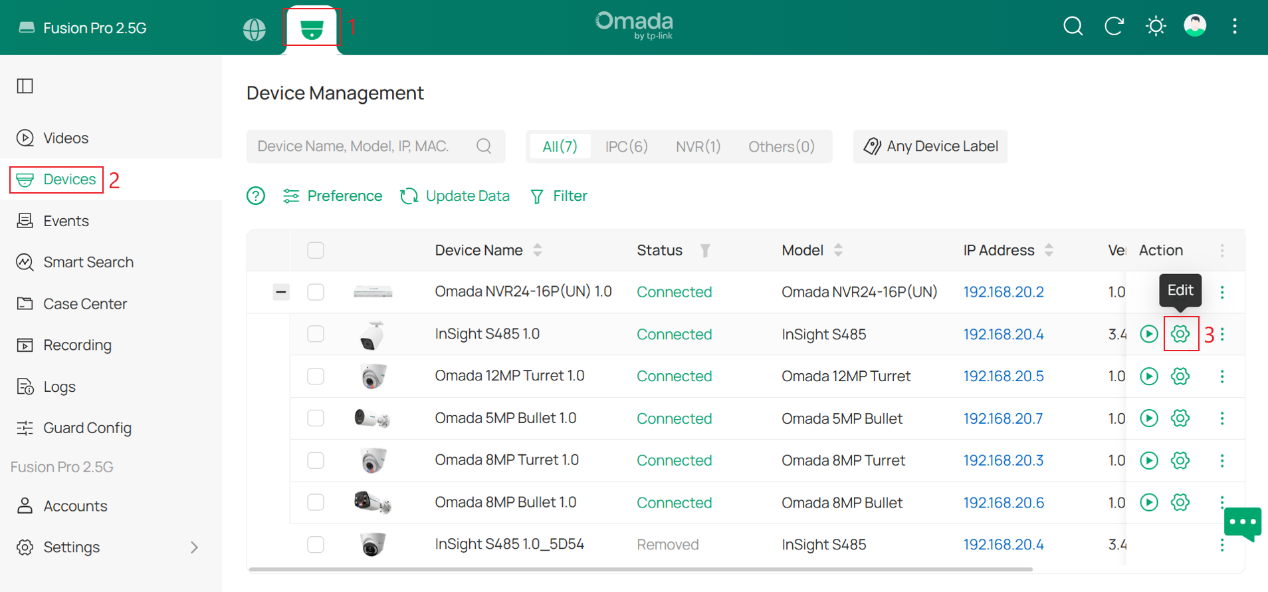 Device Management page showing all and the Edit icon in Omada Guard.
