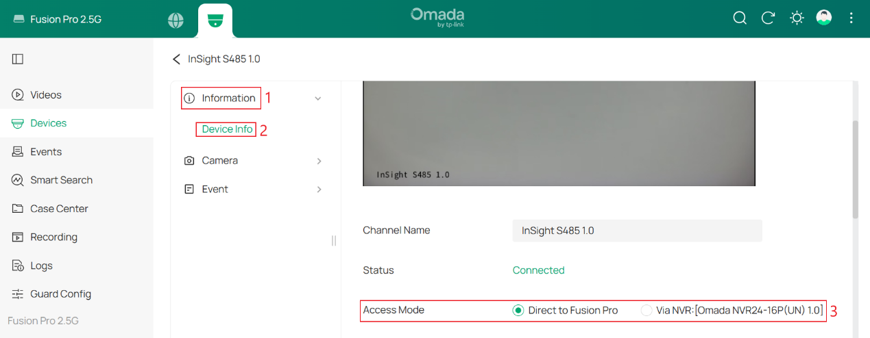 Device info showing the Access Mode is Direct to Fusion Pro.