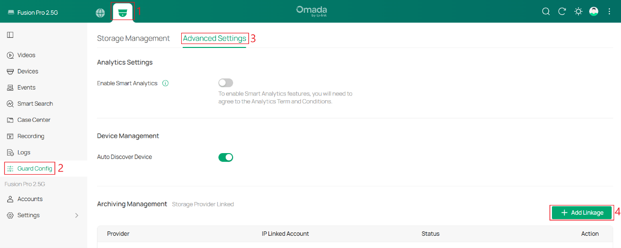 Archiving Management page in Omada Guard, with + Add Linkage highlighted.