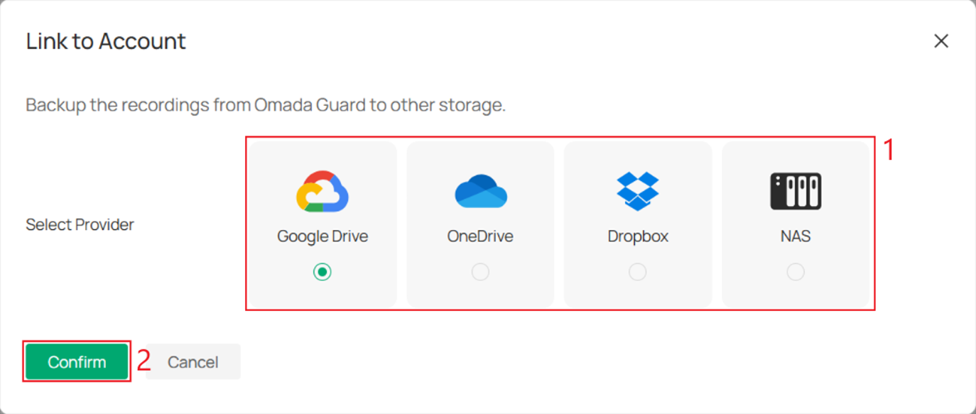 Link to Account window showing Google Drive, OneDrive, Dropbox, and NAS provider options.