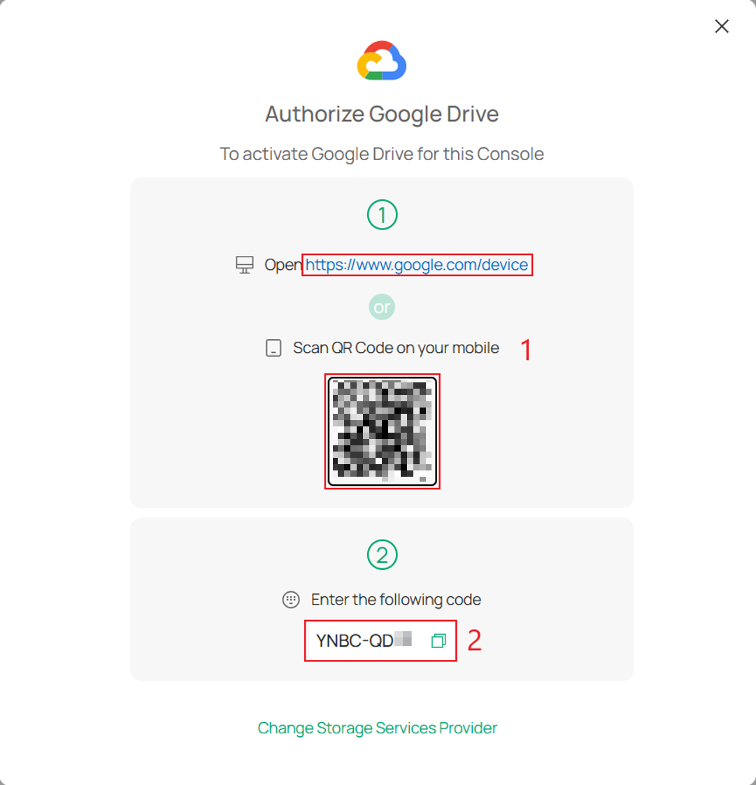 Authorize Google Drive window showing the authorization link, QR code, and device code.