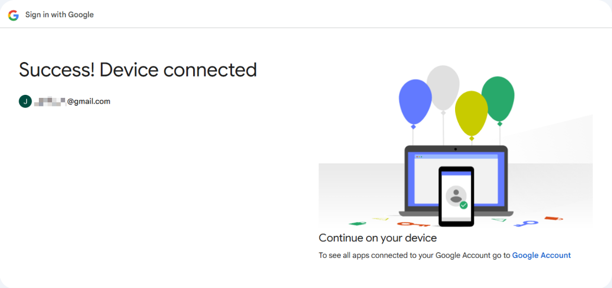 Google confirmation page showing that the device was connected successfully.