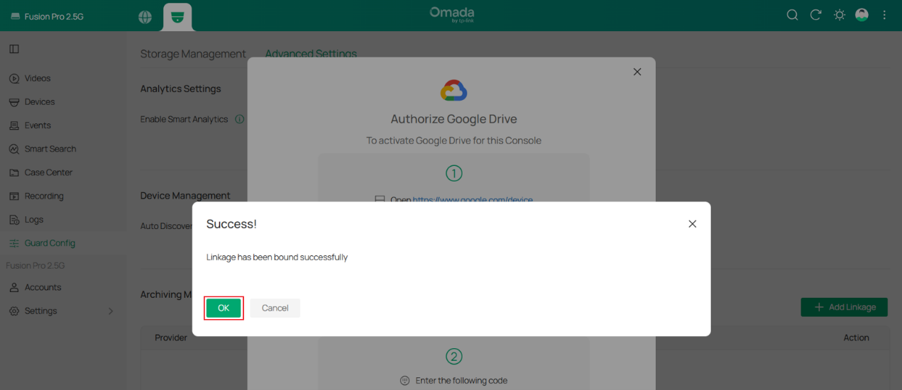 Omada Guard success message confirming that the Google Drive linkage was added.
