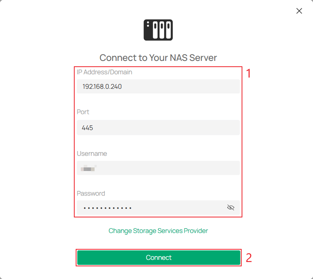 Connect to Your NAS Server window with IP address, SMB port, username, password, and Connect button.
