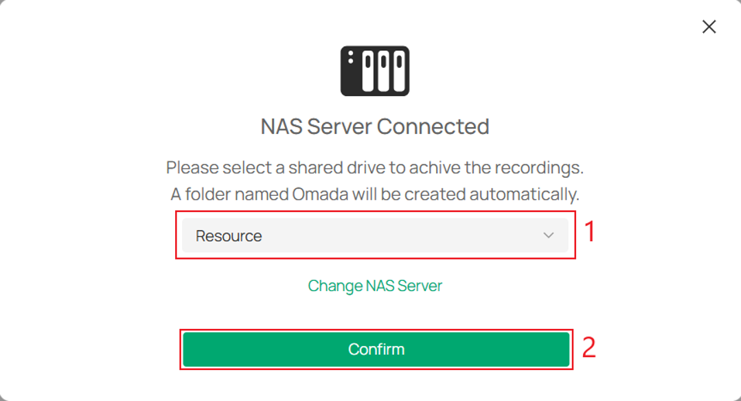 NAS Server Connected window for selecting the SMB shared drive and confirming the destination.