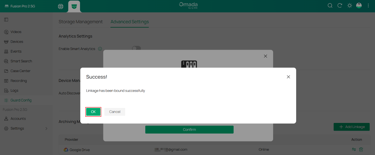 Omada Guard success message confirming that the NAS linkage was added.