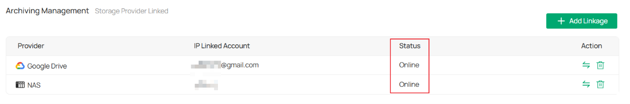 Archiving Management page showing configured Google Drive and NAS Storage Providers with Online status.