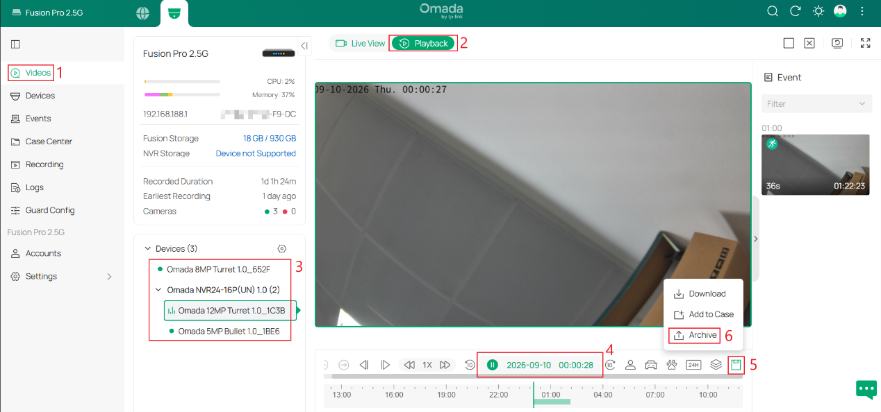 Playback page showing the camera, date, recording timeline, and Save > Archive option.