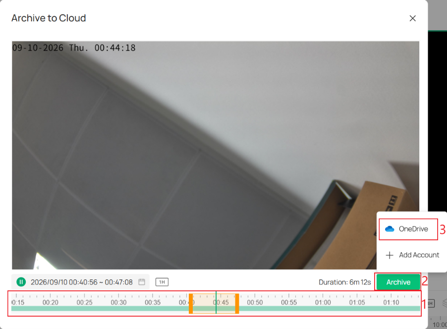 Archive to Cloud window showing the recording time range, Storage Provider, and Archive button.