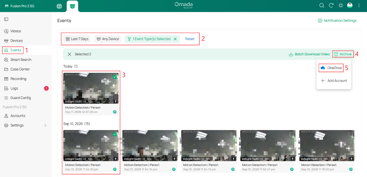 Events page showing search filters, selected event recordings, Archive, and Storage Provider options.