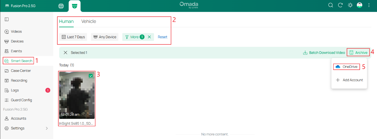 Smart Search page showing search filters, a selected result, Archive, and Storage Provider options.