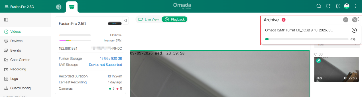 Archive task in progress, with an archiving notification and progress bar in the upper-right corner.