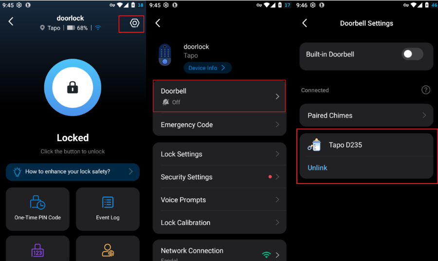 Unlink option on the doorbell smart linkage settings page.