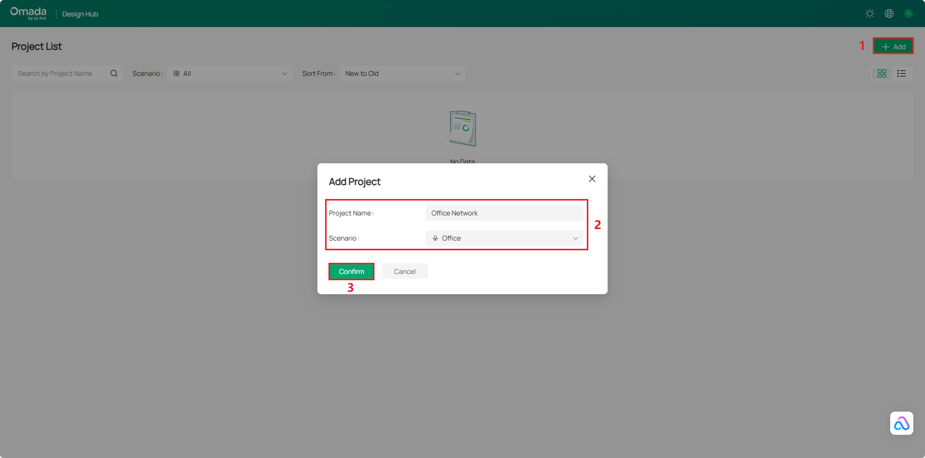Add Project window for entering the project name and selecting a scenario
