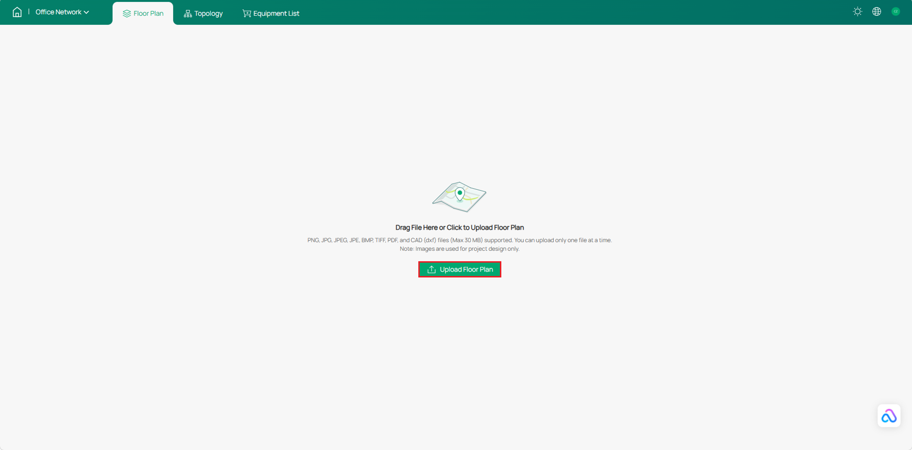 Omada Design Hub floor page with the Upload Floor Plan option