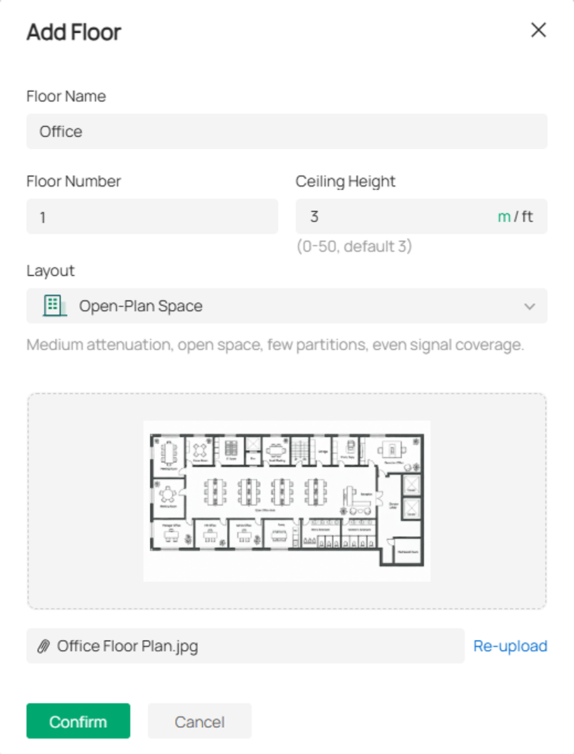 Add Floor window for configuring the floor name, floor number, ceiling height, and layout