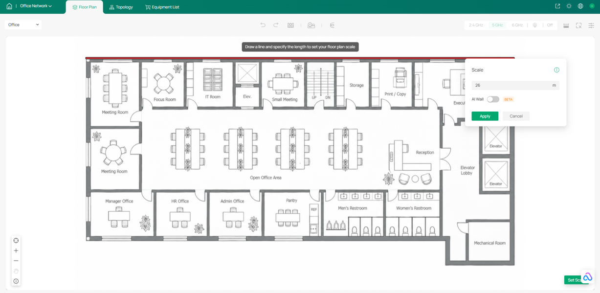 Floor plan scale configuration for specifying a reference distance on the floor plan