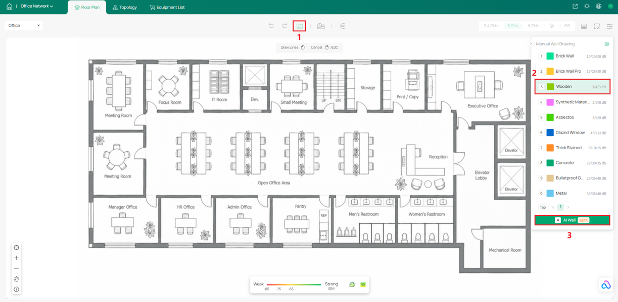 AI Wall configuration for selecting a wall type and automatically generating walls from the floor plan