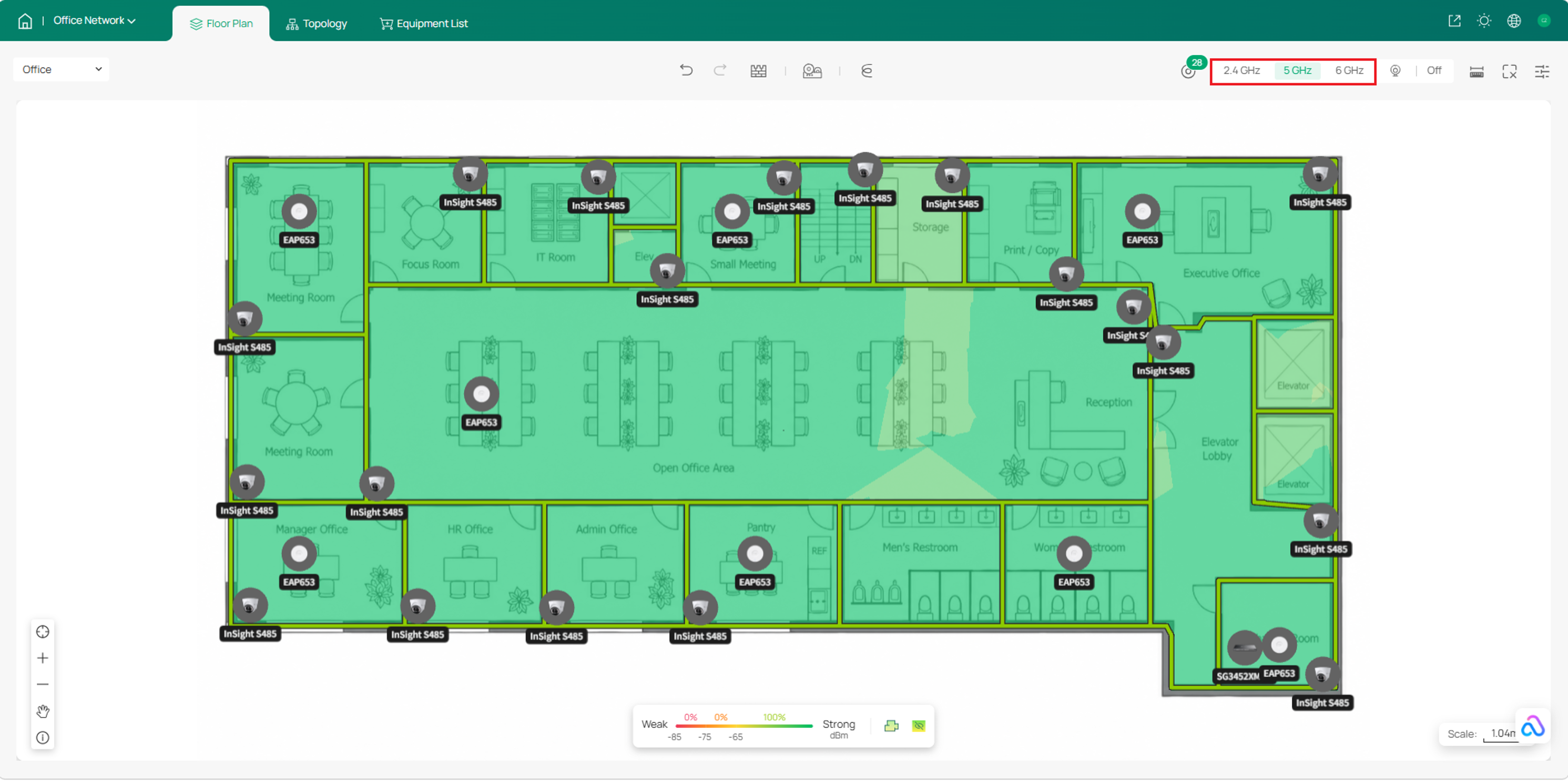 Floor plan showing access points, cameras, and other network devices with wireless coverage