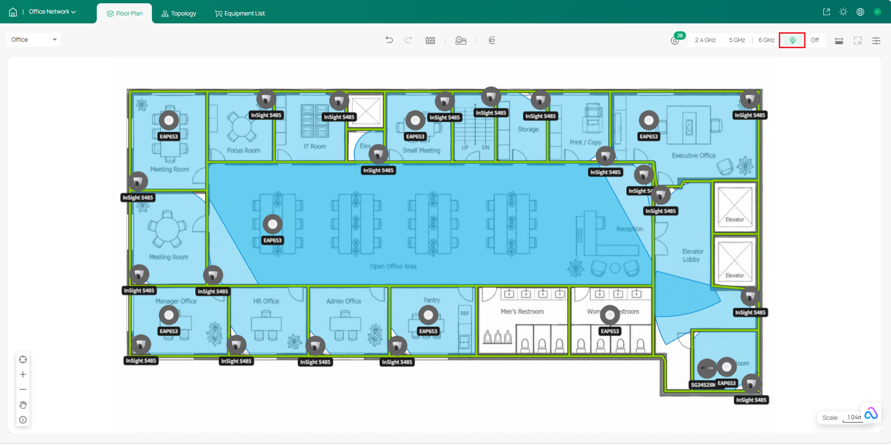 Floor plan showing access points, cameras, and other network devices with camera fields of view