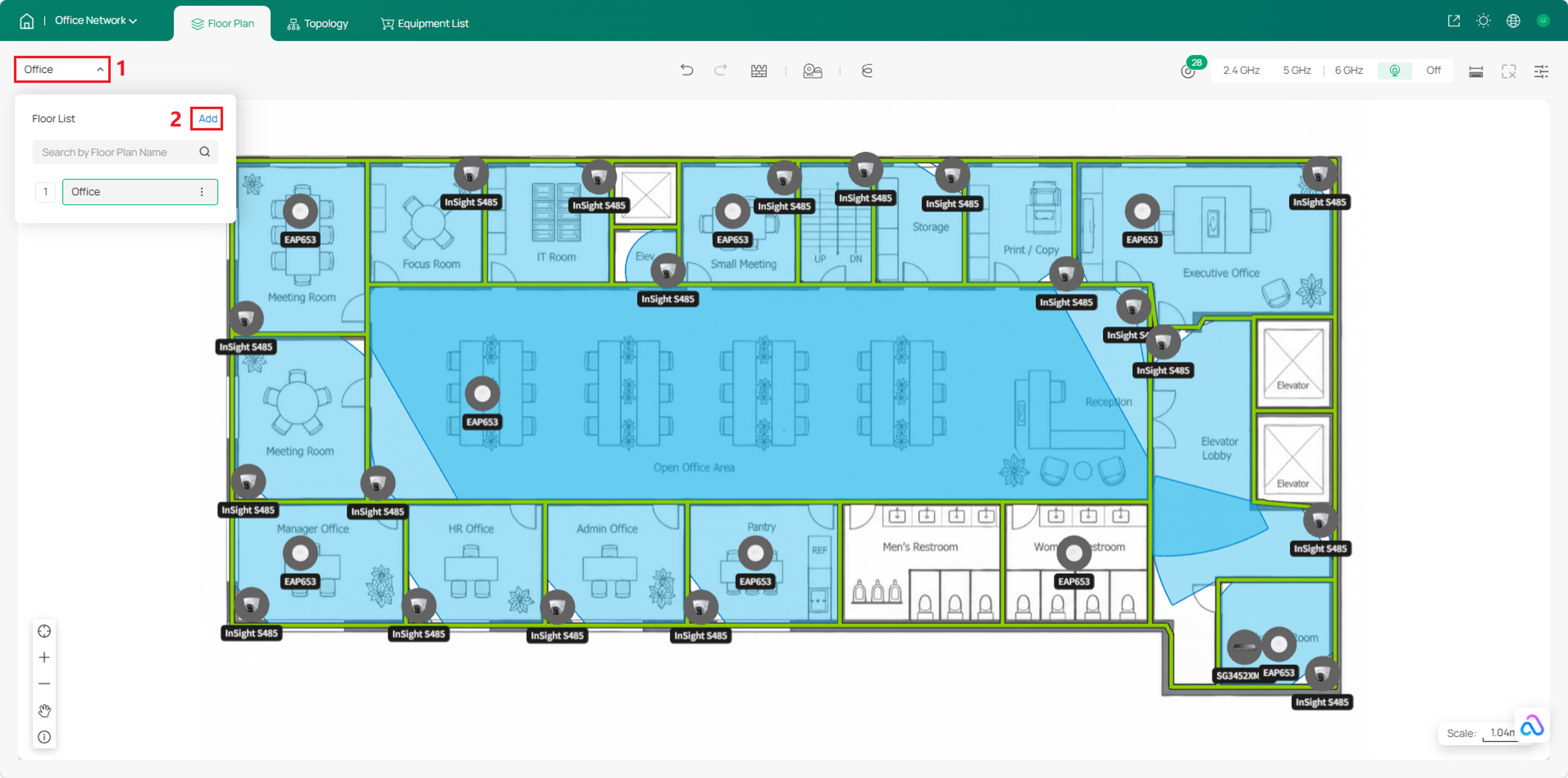 Floor selector for adding and configuring additional floors in the network design