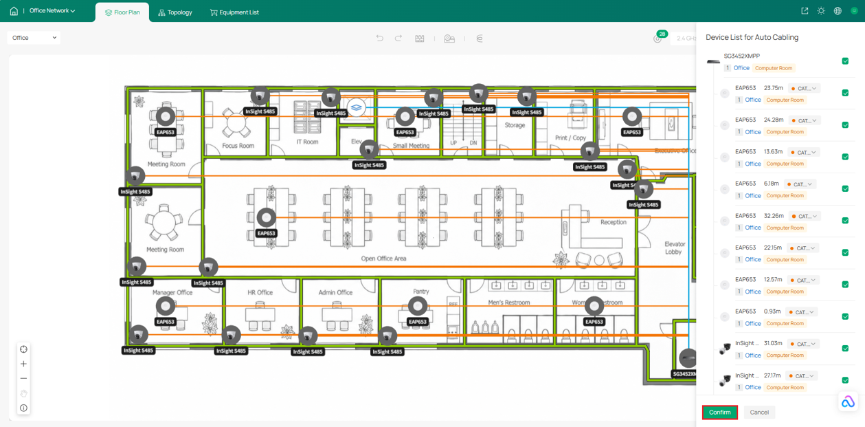 Floor plan showing automatically generated cable routes between deployed network devices