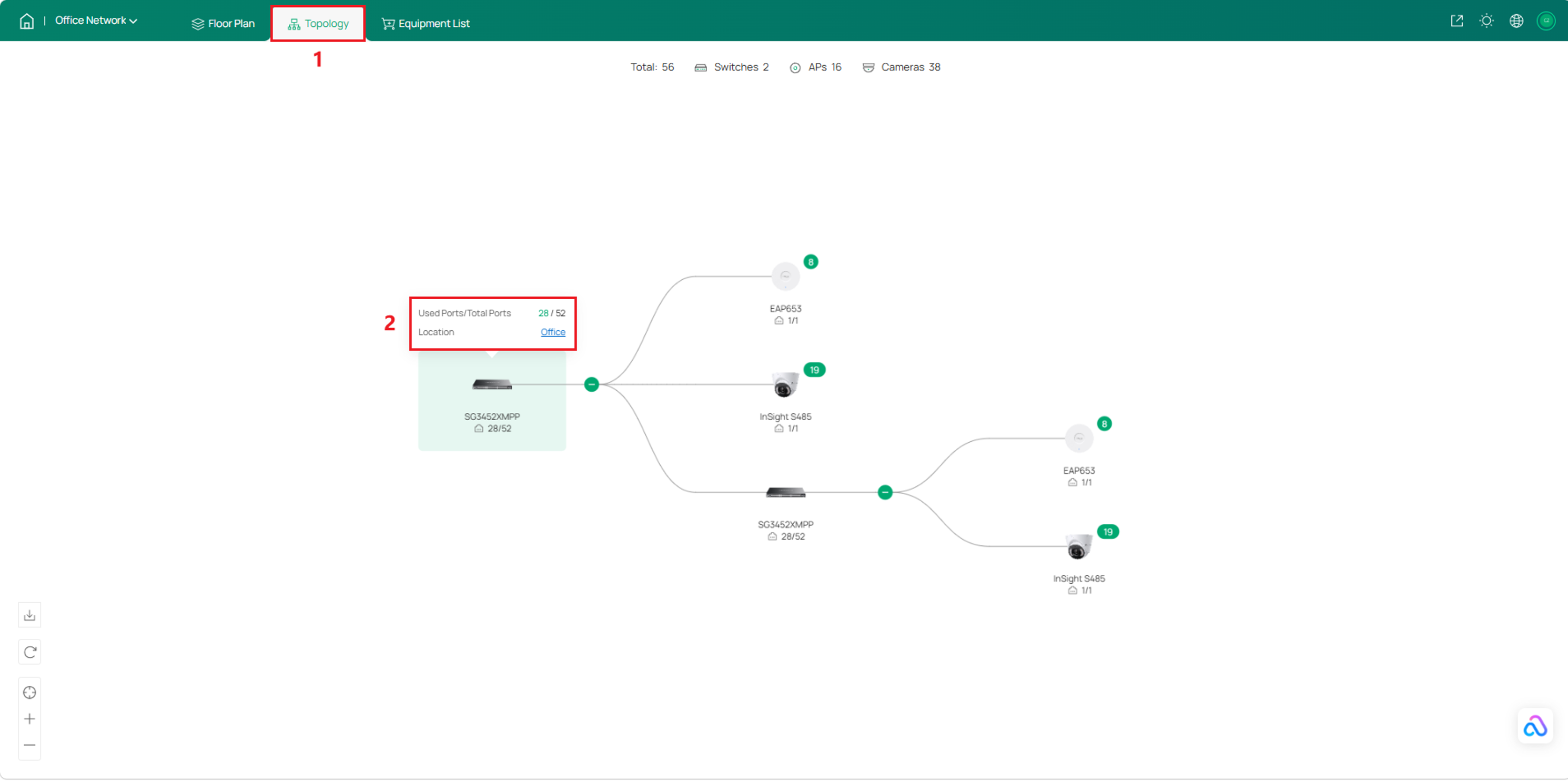 Project topology showing network device connections and port usage