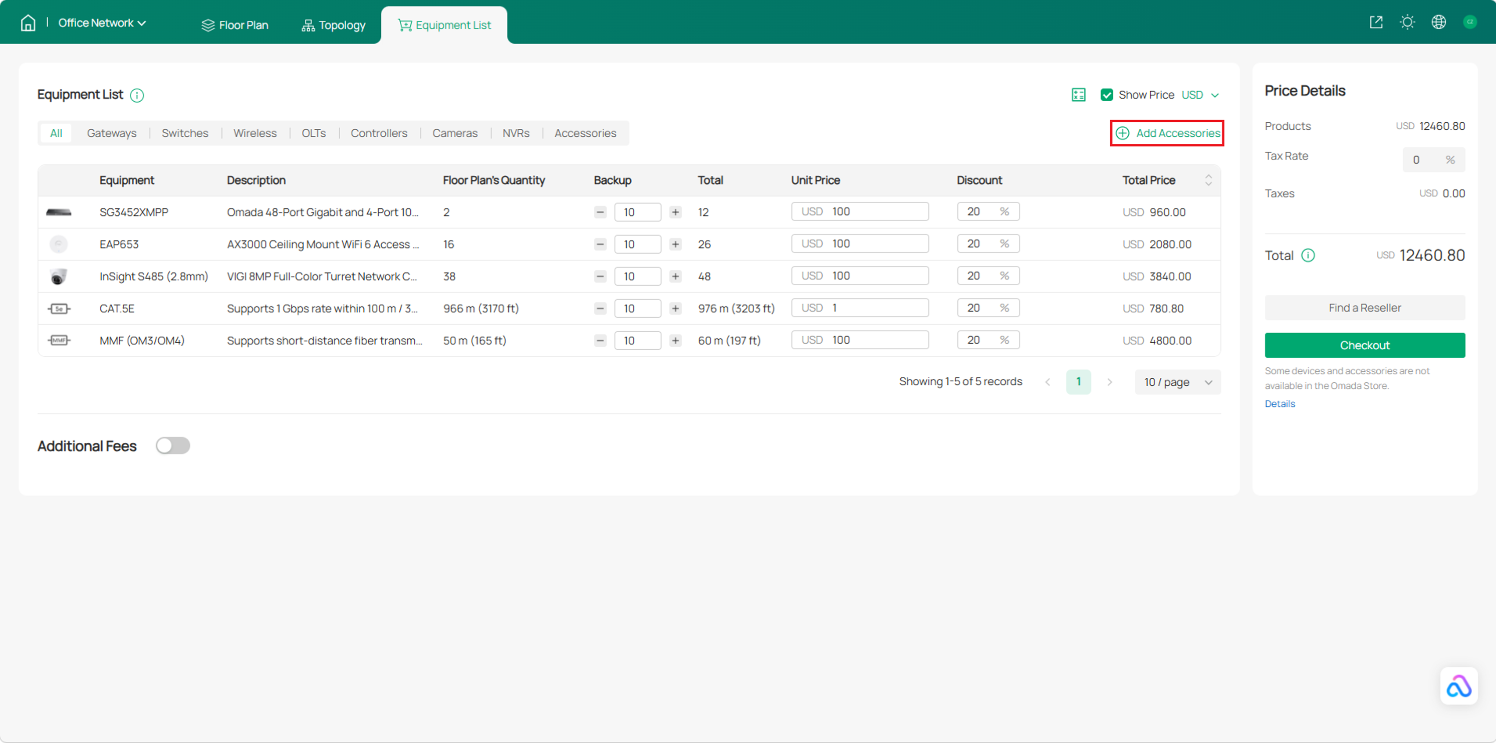 Equipment List with the Add Accessories button highlighted for adding accessories to the project
