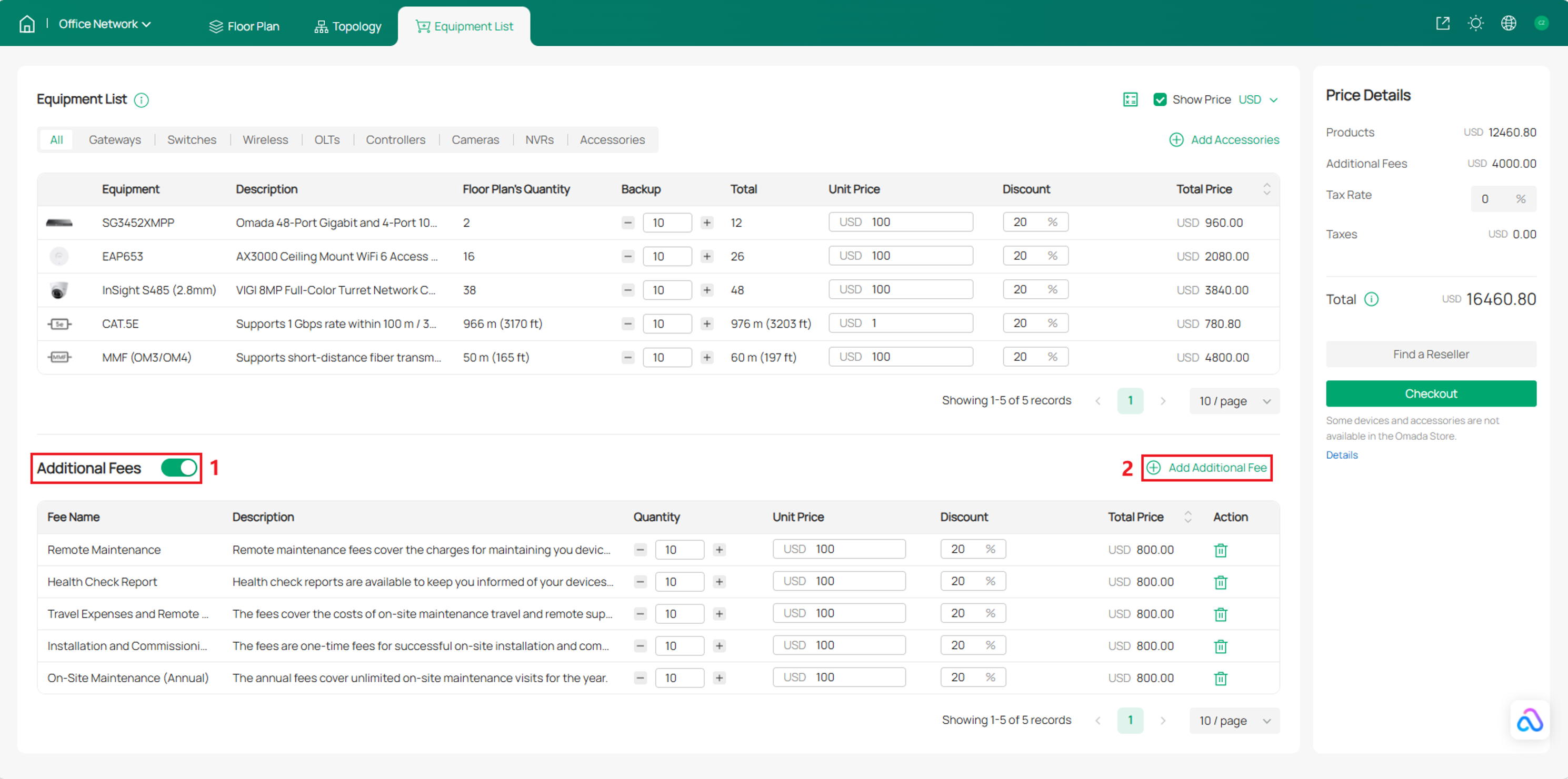 Equipment List with the Additional Fees toggle and Add Additional Fee button highlighted for adding service costs
