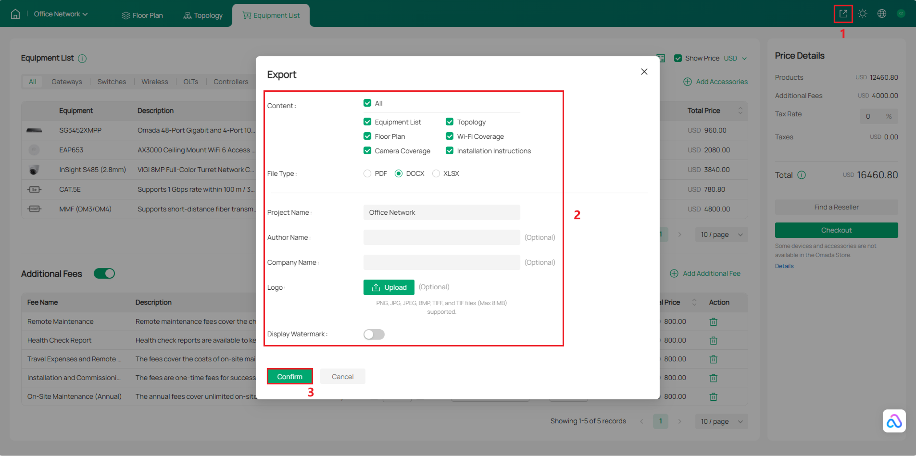 Export window for selecting report content, file format, and project information before exporting the network design report