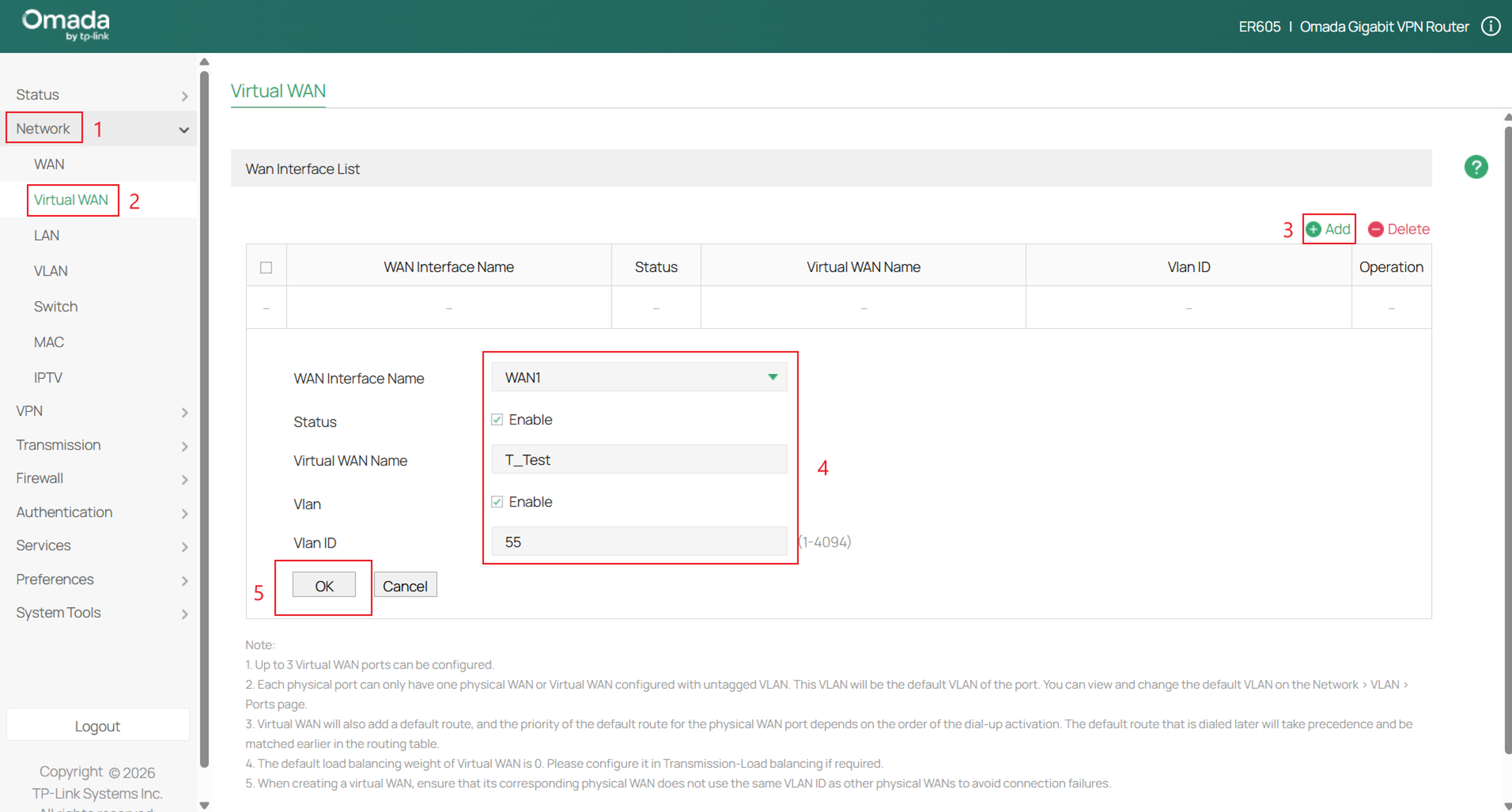 Fill in the parameters for virtual WAN.