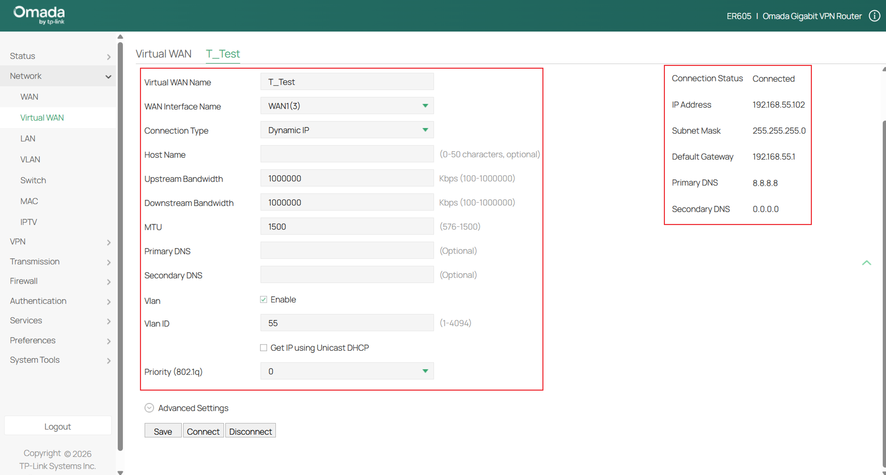 Fill in the parameters for virtual WAN and verify the connection status.