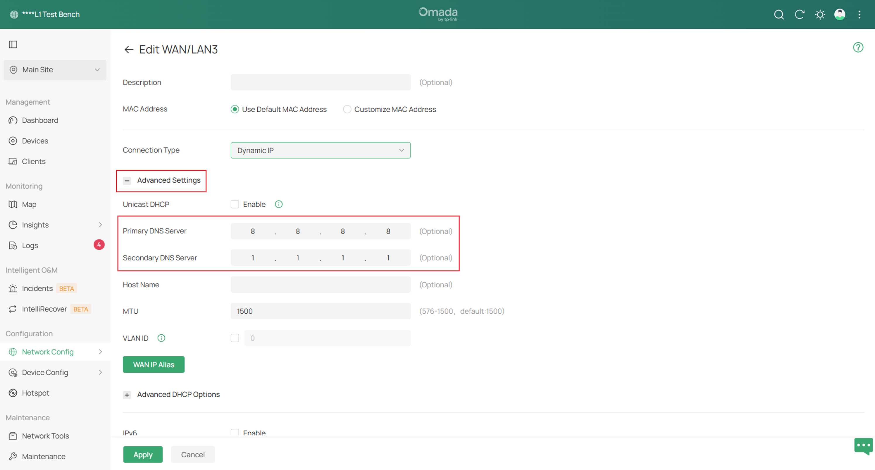 Fill in the DNS server IP addresses.