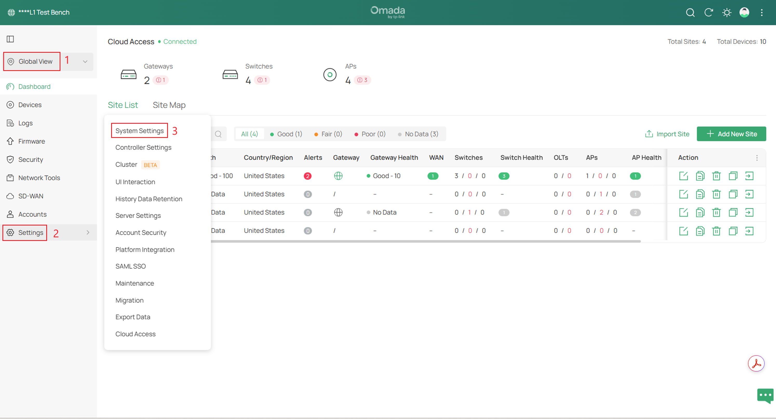 Navigate to the System Settings of the Global View.