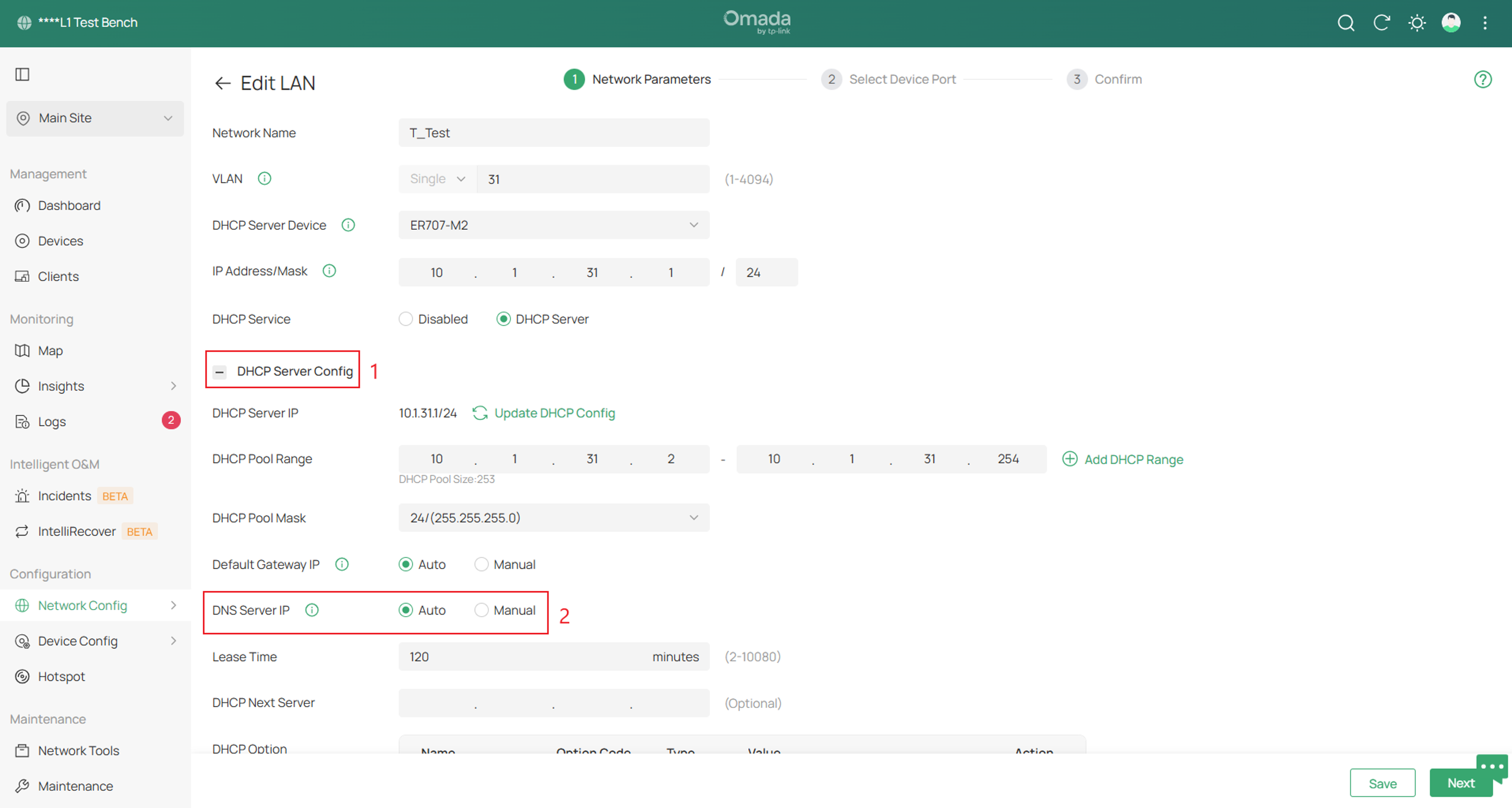DNS Server IP set to Auto on specified network.