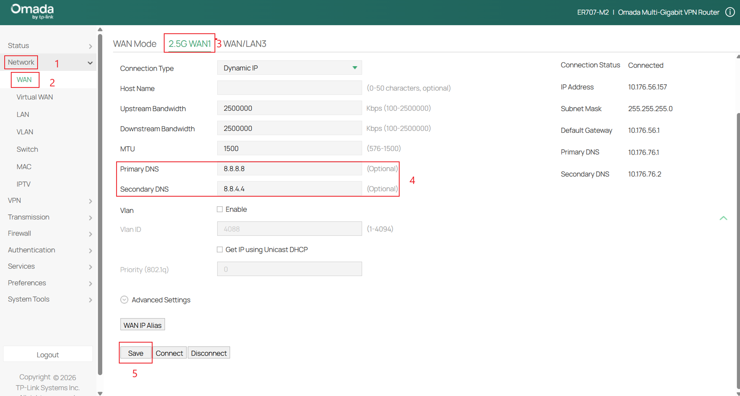 Set the Primary and Secondary DNS on the WAN settings.