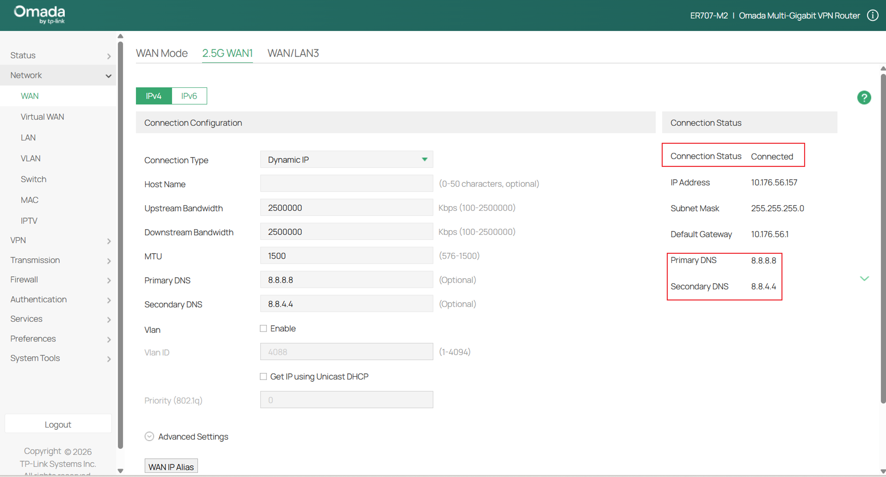 Check the connection status of the WAN interface.
