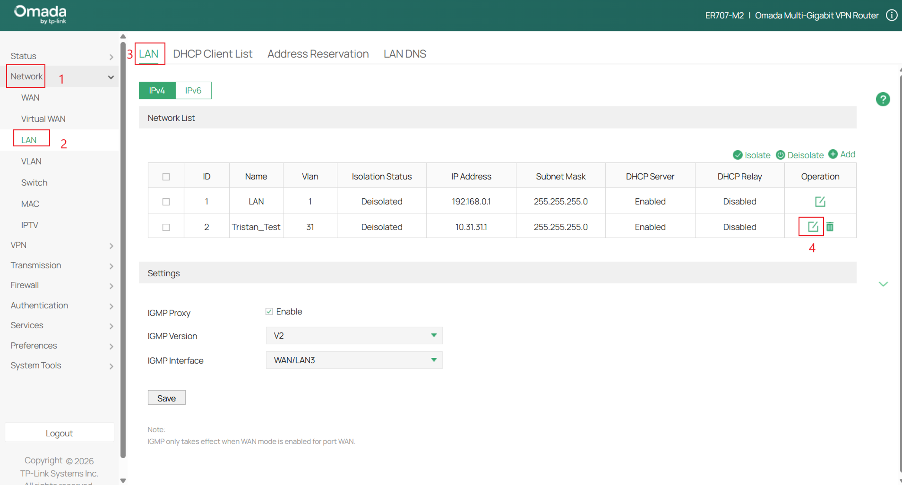 Edit the LAN network on the Omada Gateway.
