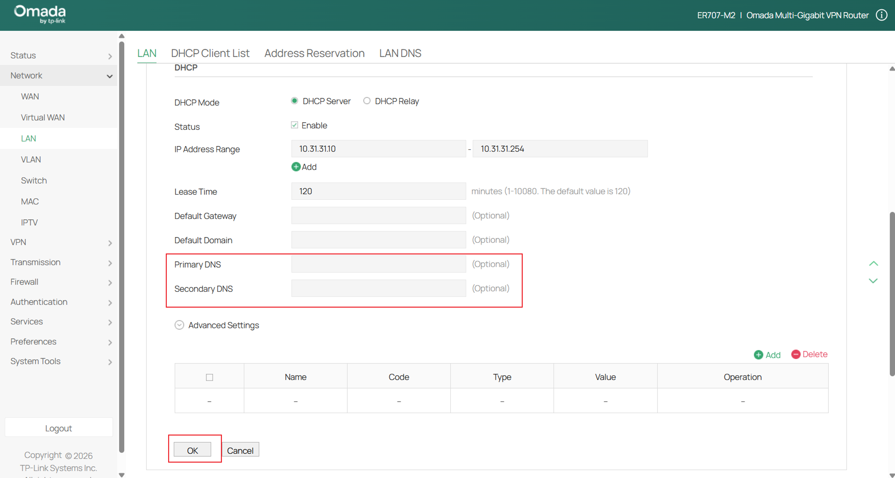 Verify the LAN DNS settings on the router.