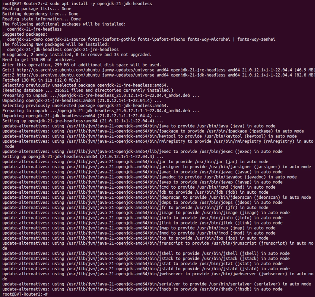 Ubuntu terminal showing the sudo apt install -y openjdk-21-jdk-headless command to install OpenJDK 21.