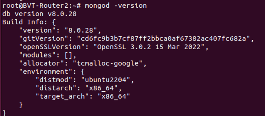 Ubuntu terminal showing mongod -version output confirming MongoDB v8.0.28 runtime.
