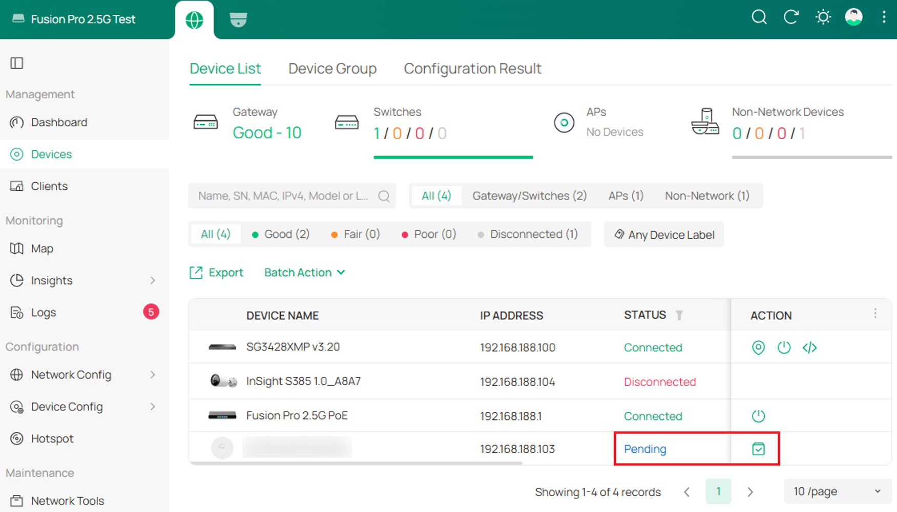 Omada controller device list highlighting a device in "Pending" status with the adopt button.