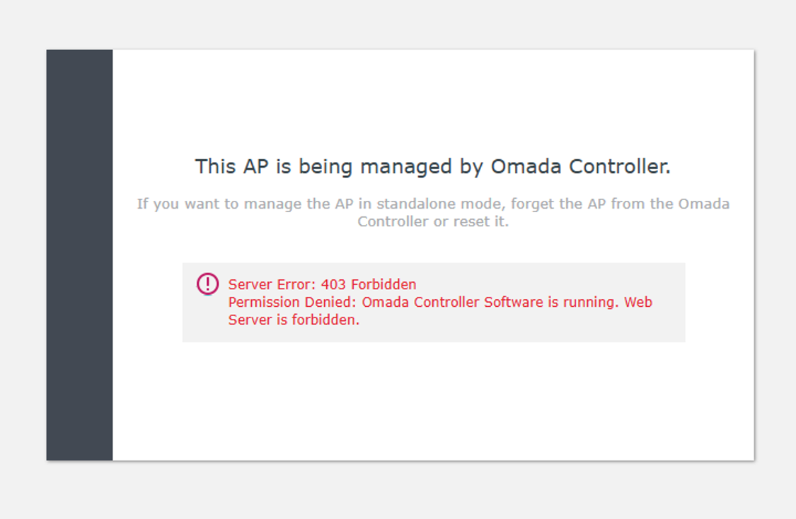 AP web page showing a 403 Forbidden error stating the device is managed by an Omada Controller.
