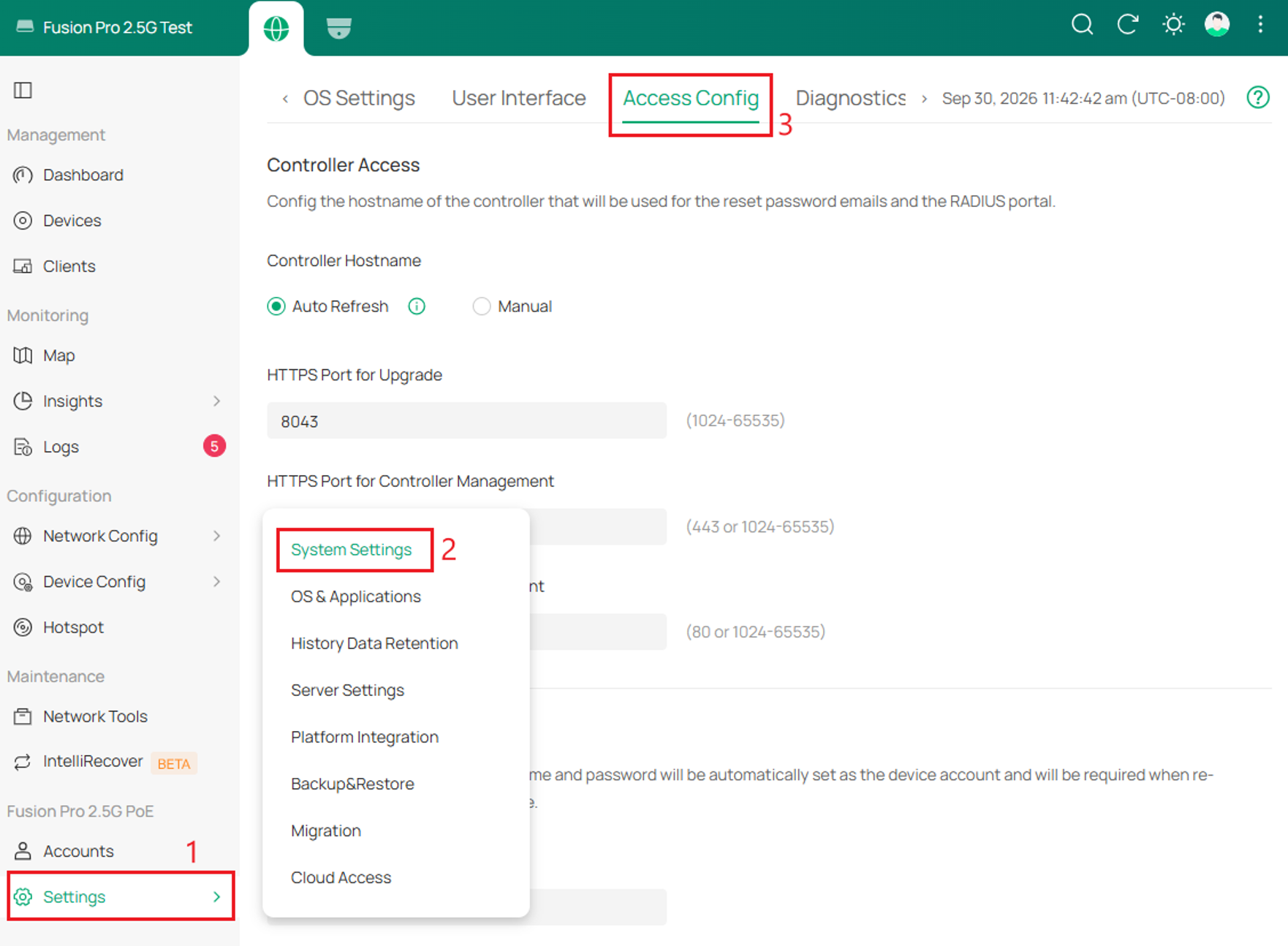 Omada UI showing numbered steps to navigate to Settings, System Settings, and Access Config.