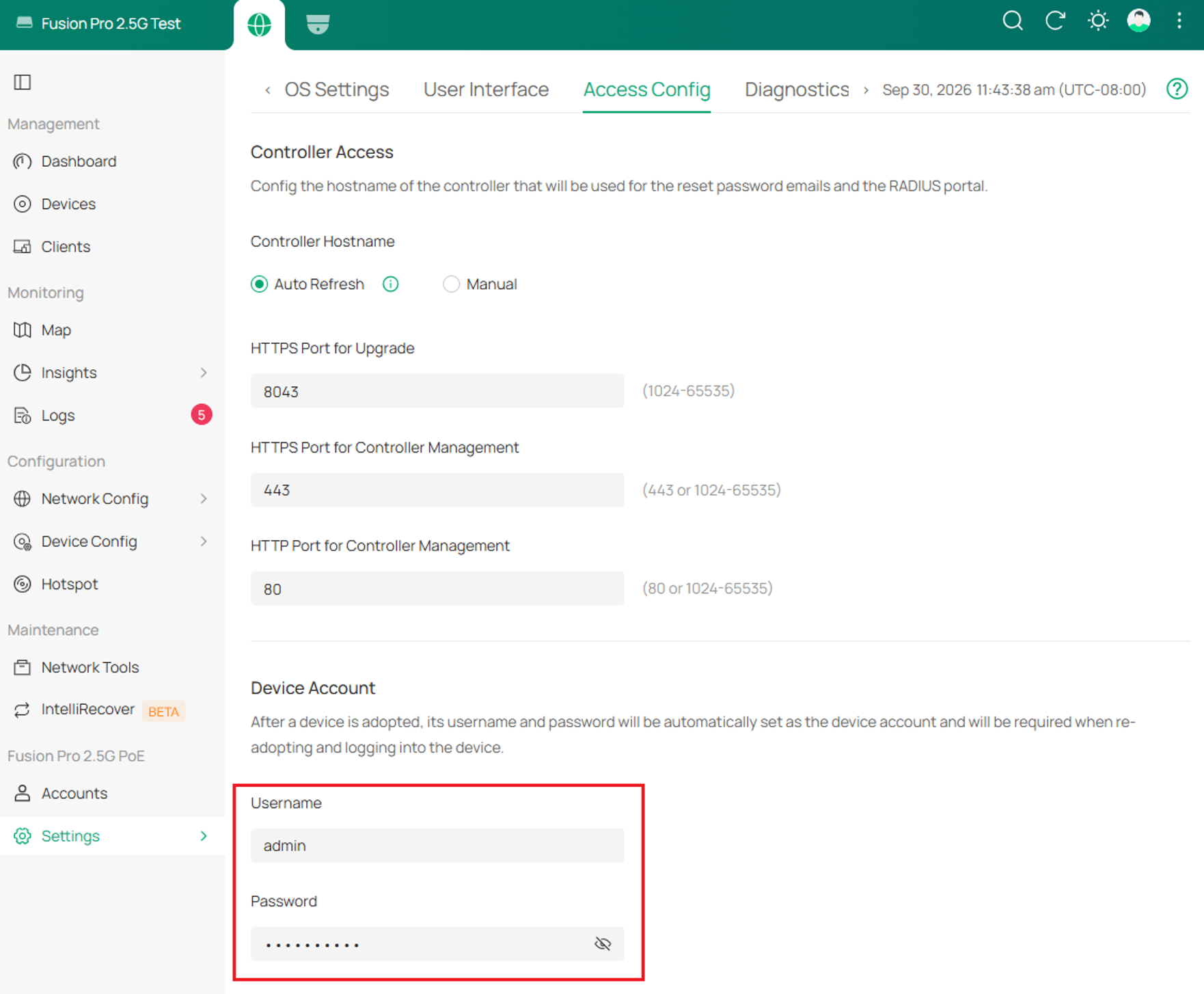 Omada controller Access Config page highlighting the Device Account username and password fields.