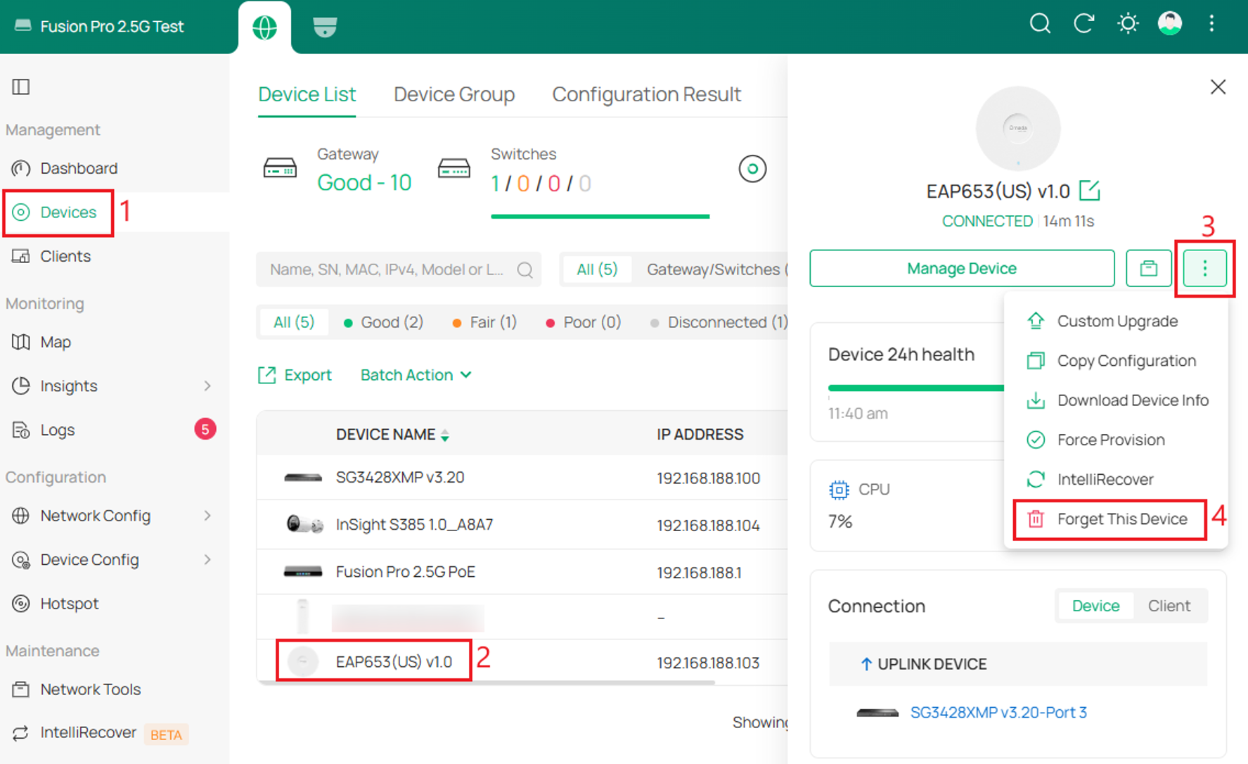 Omada controller UI showing four numbered steps to select an access point and click "Forget This Device."